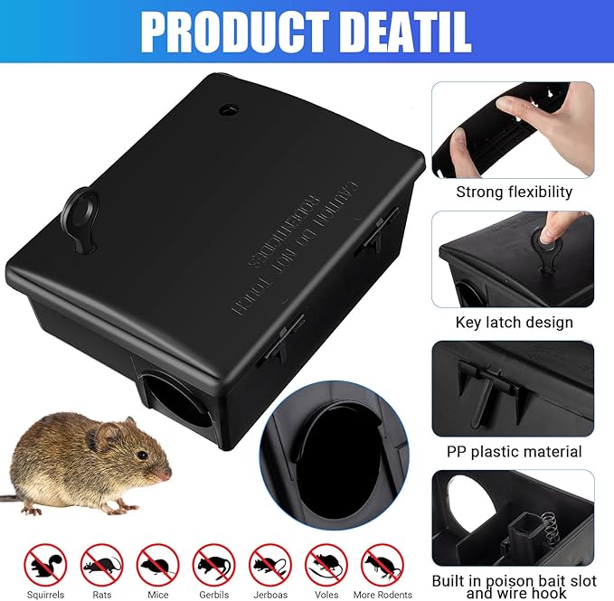 Qualirey 4 Pack Rat Bait Stations Large Rodent with Key Reusable Mouse Stations Mice Blocks Heavy Duty Boxes for Outdoor Rodents Mice Blocks, Bait Not Included, Black (9.8 x 7.5 x 3.9 Inches)