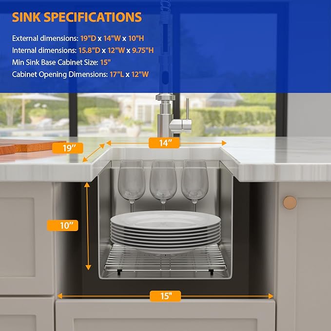 14 Undermount Bar Sink Workstation - Dcolora 14 Inch Stainless Steel Bar Prep Sink with Ledge Round Corner X Grooves Wood Cutting Board 16 Gauge Single Bowl RV Camper Kitchen Sink Basin