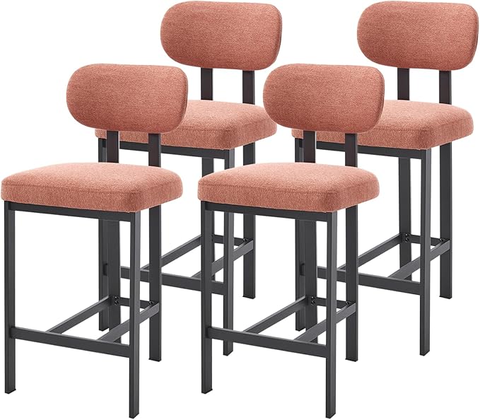 Modern Counter Stools Set of 4, 26" Upholstered Barstools with Back, Sturdy Black Metal Legs Dining Stools with Footrest for Home Pub Kitchen, Orange