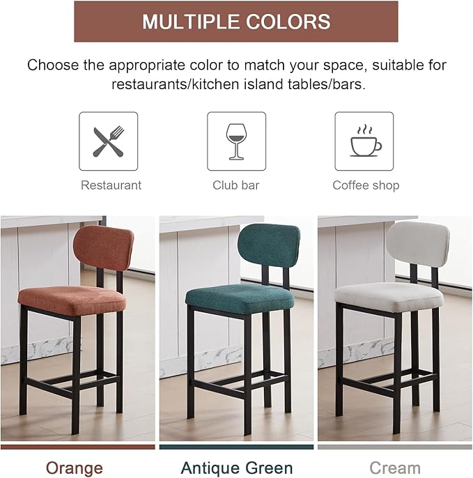 Modern Counter Stools Set of 6, 26" Upholstered Barstools with Back, Sturdy Black Metal Legs Dining Stools with Footrest for Home Pub Kitchen, Orange