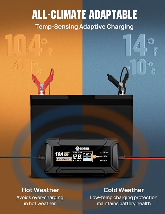 DC House Battery Charger 12V 10A, Smart Car Trickle Charger Fully Automatic Maintainer Desulfator for Lead-Acid & LiFePO4 Batteries Car Motorcycle Truck Lawn Mower