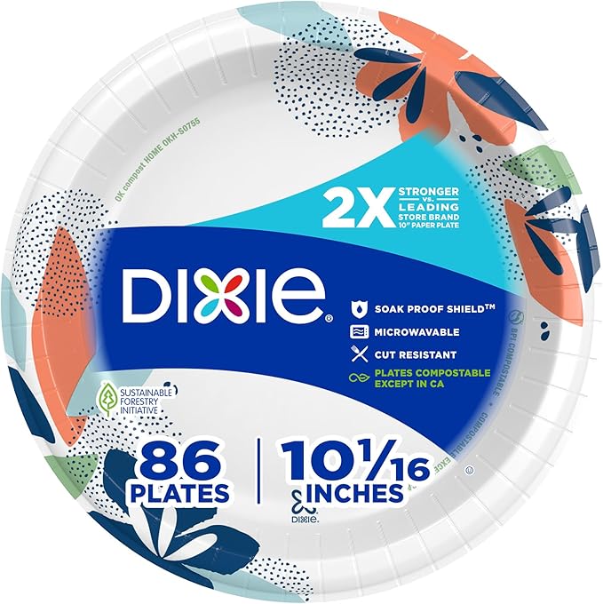 Dixie Large Paper Plates, 10 Inch, 86 Count, 2X Stronger, Microwave-Safe, Soak-Proof, Cut Resistant, Disposable Plates For Everyday Breakfast, Lunch, & Dinner Meals