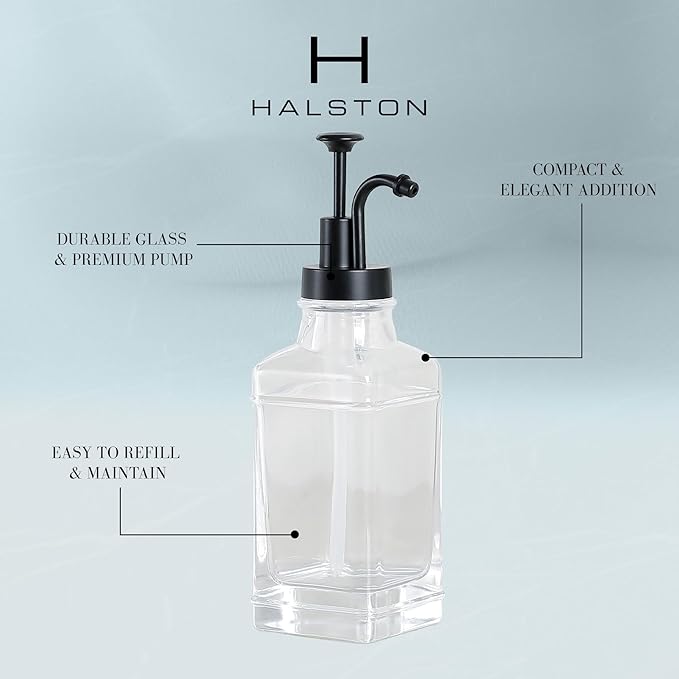 Clear Glass Soap Dispenser with Matte Black Dispenser Pump, Modern Refillable Pump for Bathroom, Kitchen, or Office, Elegant Accent Piece for Interior Decoration