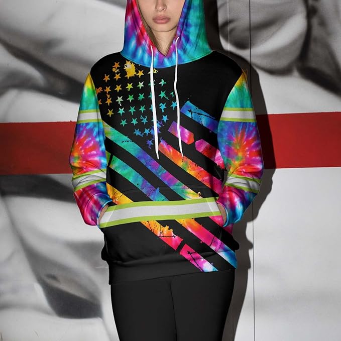 Color US Flag High Visibility Hoodie for Men Women Reflective Tapes Safety Workwear for Worker Runner Patriotic