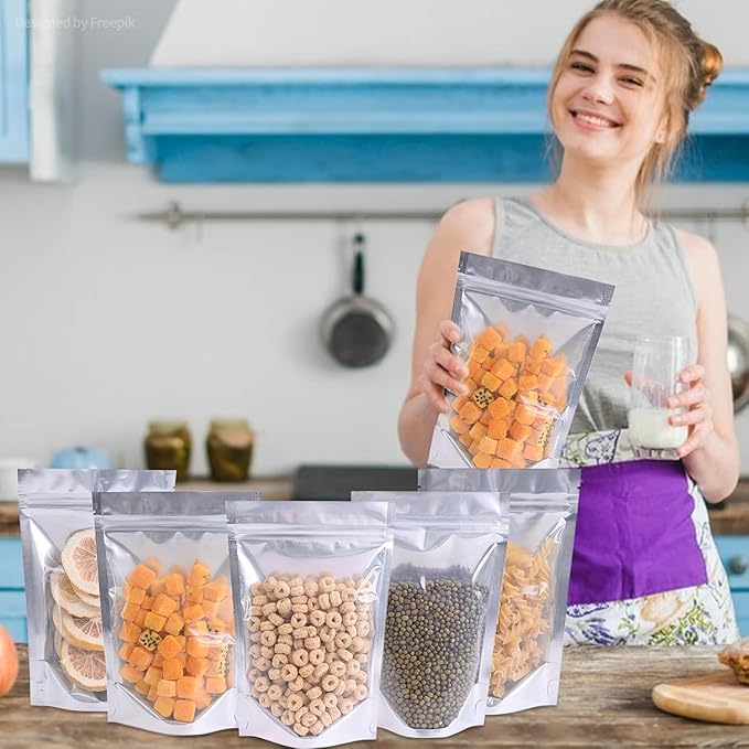 50 Pack Resealable Reusable Mylar Bags Stand Up Zipper Aluminum Foil With Clear Front Window 5"X7" for Food Storage Heat Seal Pouches Small Business Home Multipurpose