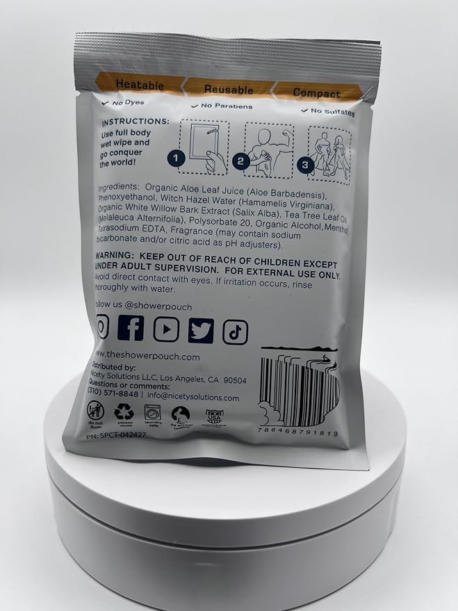 Shower Pouch XL (2' x 1') Bathing Body Wipes for Adults – Aloe-Infused Heatable & Reusable Bath Wipes for Camping, Travel, Outdoor – (10 Pack) Citrus Scent