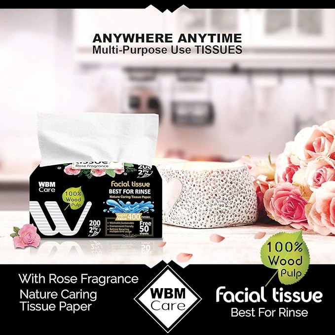 WBM Care Facial Tissues with Rose Fragrance, 200 Sheets per Pack, 20 Packs Totaling 4000 Sheets, Soft, Gentle, Perfect for Daily Use and Sensitive Skin