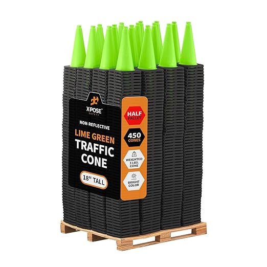 Xpose Safety 18" Lime Traffic Cones - Bulk Half Pallet 450 Pack - Premium PVC Safety Cone for Parking, Caution, Construction, Road Crews, Emergency Vehicle - DOT Approved