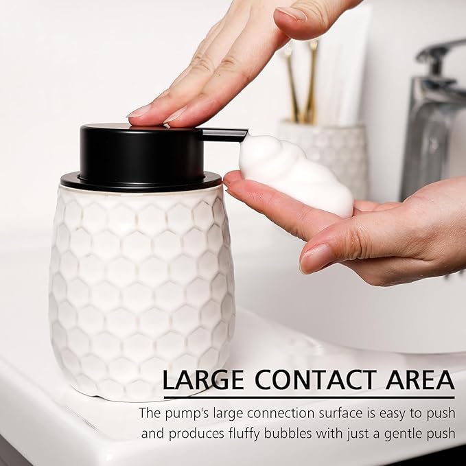 Foaming Soap Dispenser, 13OZ Ceramic Foam White Hand Soap Dispenser with Honeycomb Design for Kitchen or Bathroom, Refillable Dish Lotion Dispenser, ANTIS'S HOME