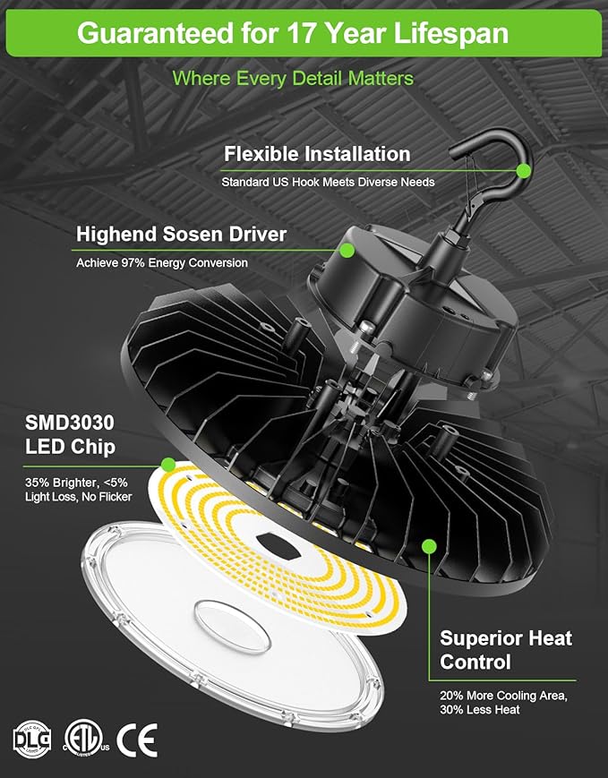 150W UFO LED High Bay Light Dimmable with Remote Control 22500lm 5000K UFO ETL DLC Listed High Bay LED Shop Lights for Warehouse Garage AC 100-277V