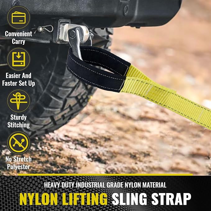 Lift Sling Straps, 15' x 2" Heavy Duty Nylon Webbing Slings, 22500 lbs Capacity, Flat Eye Design, Tree Saver Recovery Strap, Winch Sling for Hoisting, Rigging, Towing, 2-Pack