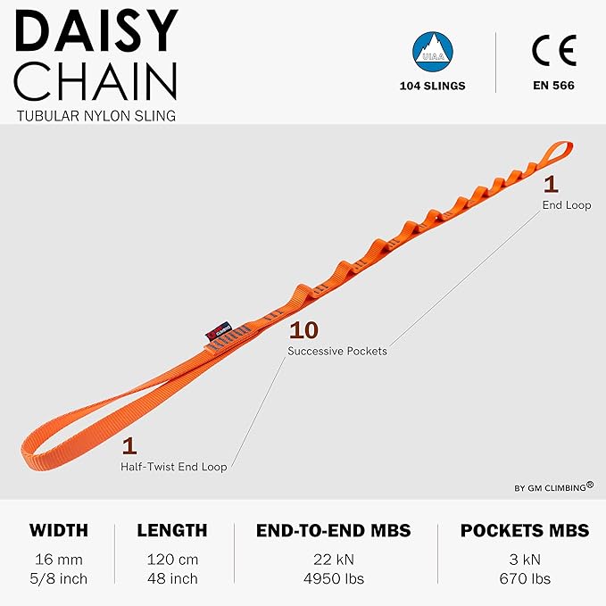 GM CLIMBING 16mm Nylon Daisy Chain Sling 22kN 120cm / 48in CE UIAA Certified for Leading Aid Climb Ascender Rigging Hammock Suspension
