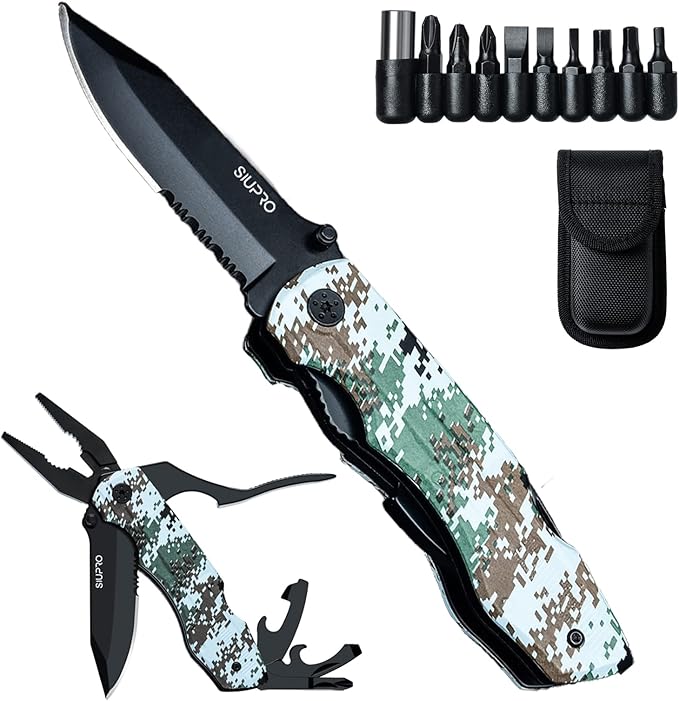 Multitool Pocket Knife Set for Men, Multipurpose 9-in-1 screwdriver kit, Multi Tool Pliers with Nylon Sheath for Camping, Christmas Stocking Stuffers Gifts for Dad Husband, Camo