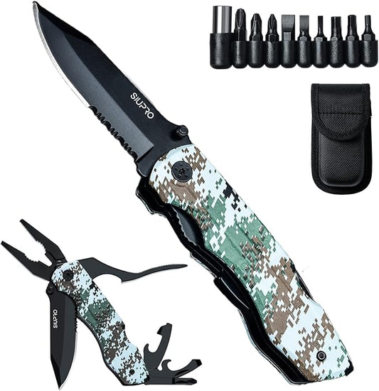 Multitool Pocket Knife Set for Men, Multipurpose 9-in-1 screwdriver kit, Multi Tool Pliers with Nylon Sheath for Camping, Christmas Stocking Stuffers Gifts for Dad Husband, Camo