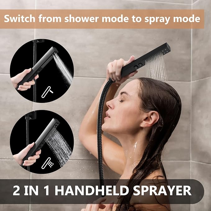 Shower Faucet Set Rainfall Shower System with Square Showerhead and Handle Set Fixture with 2 in 1 Function Handheld Sprayer Wall Mounted Trim Repair Kit Rough-in Valve 16 Inch Matte Black