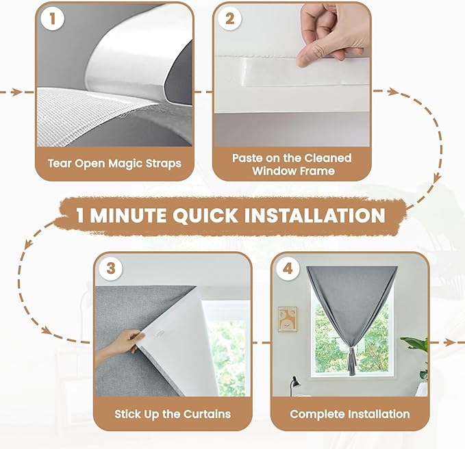 100% Blackout French Door Curtain,Adhesive, No Drilling Required,Small Curtains Designed for Installation On Doors (Light Gray - W25 × L72 in)