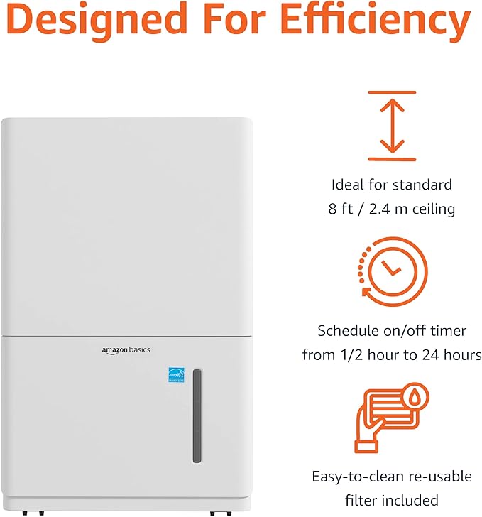 Amazon Basics Large Dehumidifier for Rooms, Energy Star Certified,Effectively Reduces Humidity, With Advanced Moisture Control, Timer, Auto-Defrost, Overflow Protection, up to 4000 SFT, 50 Pint, White