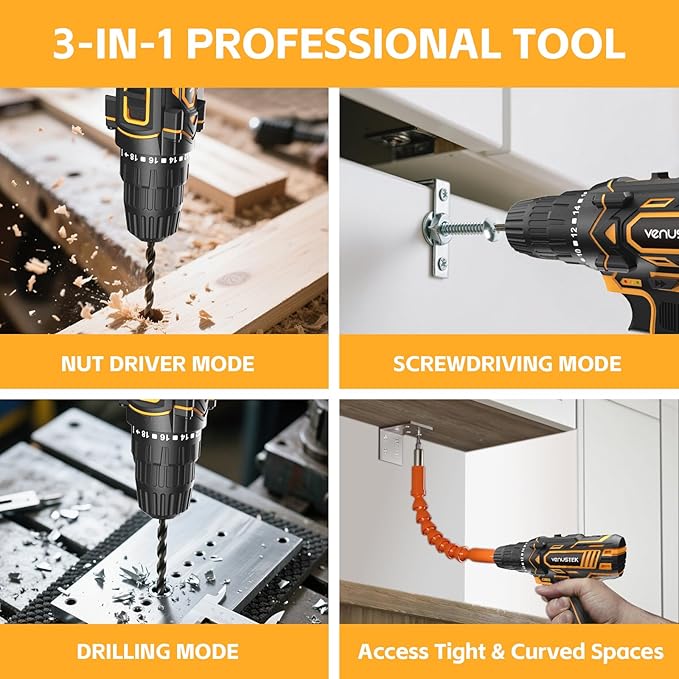 Cordless Drill Set 12V Power Drill with Battery and Charger, 2-Speed Electric Drill with 3/8" Keyless Chuck