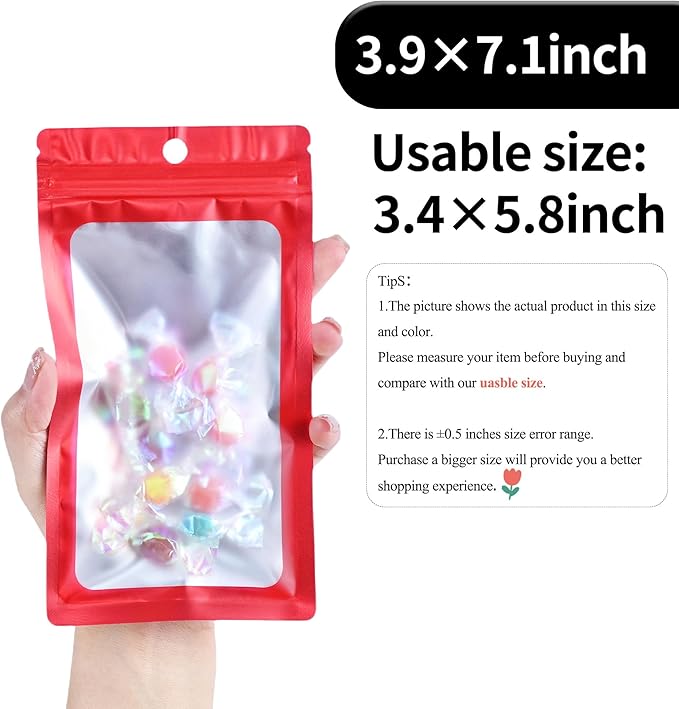 100 Pack Resealable Plastic Bags for Food Storage, Zipper Bags with Clear Front Window, Packaging Pouch for Small Business (Red, 3.9x7.1 inch)