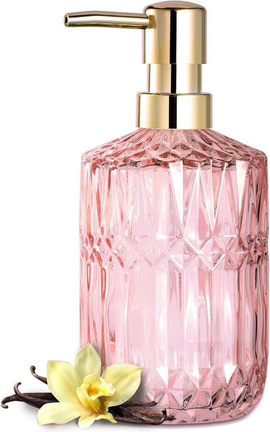 EMPO Clear Glass Soap Dispenser with ABS Plastic Pump, Crystal Lotion Dispensers for Kitchen Sink, Bathroom (Light Pink)