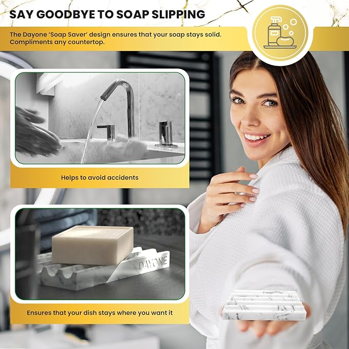 DAY1 Marble Soap Dish Tray – Bathroom Sink Soap Holder, Vanity Tray, Brush Organizer, Decorative Resin Dish for Kitchen, Countertop, Bathtub, Bar Soap, Sponges, Paint Brushes (White)
