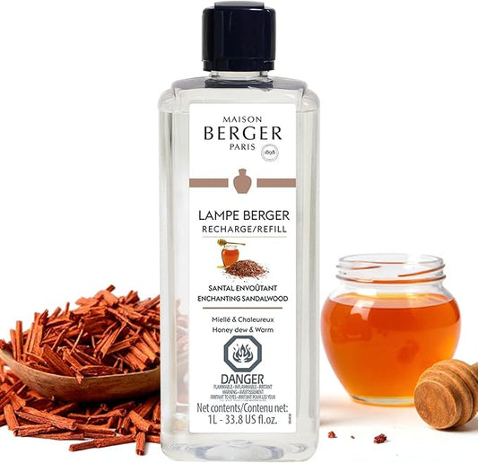 Maison Berger Enchanting Sandalwood Fragrance Refill – 1 Liter (33.8 fl oz) Oil for Lampe Berger Diffuser, Air Freshener Warm Woody Scent, 160 Hours Aroma, French Perfumery Heritage