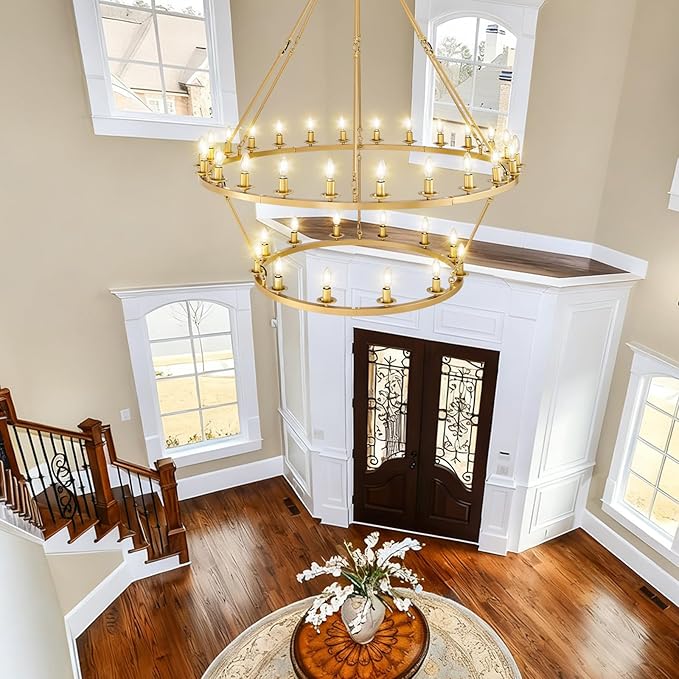 Wagon Wheel Chandelier, 2-Tier 36-Light Gold Extra Large Modern Rustic Farmhouse Chandelier Adjustable Height Light for High Ceiling Living Room, Entryways, Foyer, Dining Room