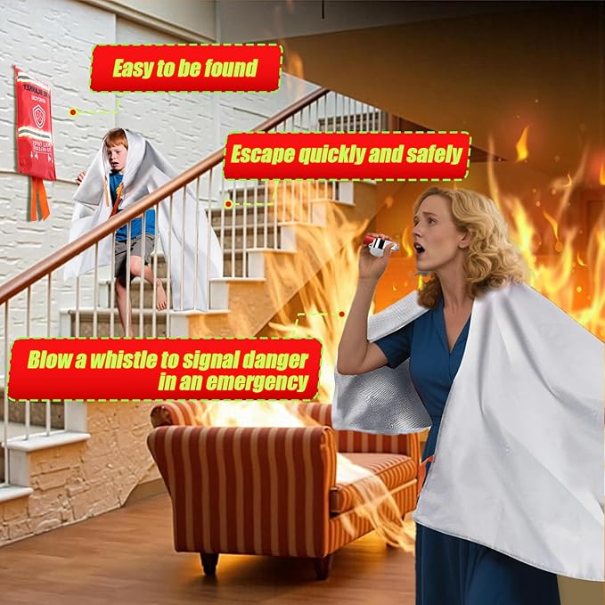 Fire Blankets Emergency For Home Survival Fire Blanket For Home And Kitchen Fire Suppression Blanket Fireproof Fiberglass Fire Safety Blanket RV Grill Fireplace Car Camping Hook Whistle 40"x40" 3 Pack