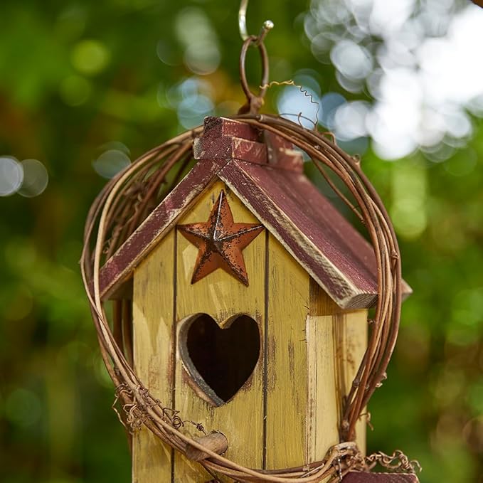 Glitzhome Birdhouses for Outdoors,Hummingbird Houses for Outside, 11.5"H Yellow Hand Painted Distressed Solid Wood Bird Nesting Box Decorative Birdhouse with Rattan Hanging Bird House for Patio Garden
