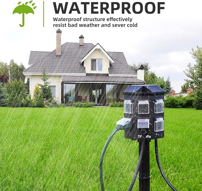 TiFFCOFiO Outdoor Power Strip Weatherproof, 60 FT Extension Cord with Stake, 6 Grounded Weatherproof Outlets for Yard Decorations, 15A/1875W, ETL Listed