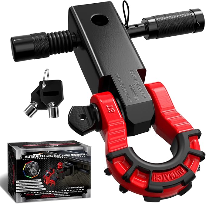 AUTMATCH Shackle Hitch Receiver 2" with 3/4" Mega D Ring Shackle and 5/8" Trailer Hitch Lock Pin, 68,000 Lbs Break Strength Heavy Duty Receiver Towing Kit for Off-Road Vehicle Recovery, Black & Red