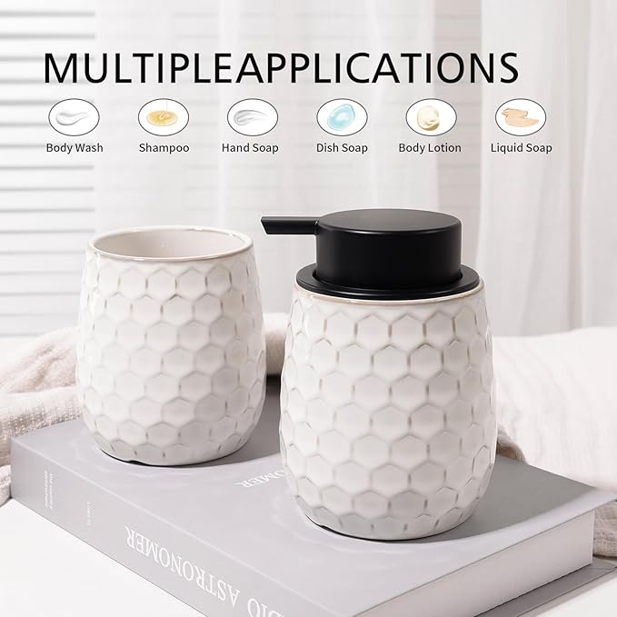 Soap Dispenser, 13 OZ Ceramic Liquid White Hand Soap Dispenser with Honeycomb Design for Kitchen or Bathroom, Refillable Dish Lotion Dispenser, ANTIS'S HOME