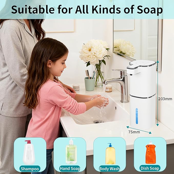 Automatic Soap Dispenser Touchless, Wall Mounted Smart Soap Dispenser, USB Rechargeable, 4 Adjustable Levels, 14.2oz / 420ml Large Capacity, for Bathroom, Kitchen, School (White, Liquid)
