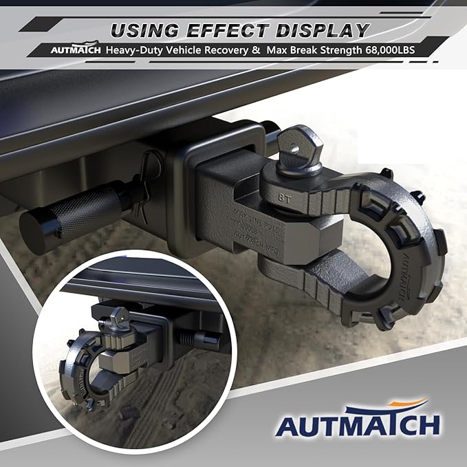 AUTMATCH Shackle Hitch Receiver 2" with 3/4" Mega D Ring Shackle and 5/8" Trailer Hitch Lock Pin, 68,000 Lbs Break Strength Heavy Duty Receiver Towing Kit for Off-Road Vehicle Recovery, Gunmetal Gray