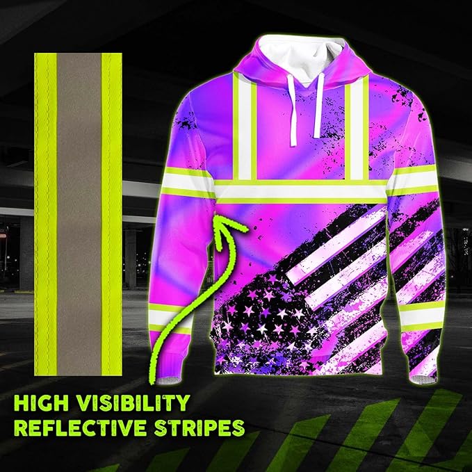 Color US Flag High Visibility Hoodie for Men Women Reflective Tapes Safety Workwear for Worker Runner Patriotic