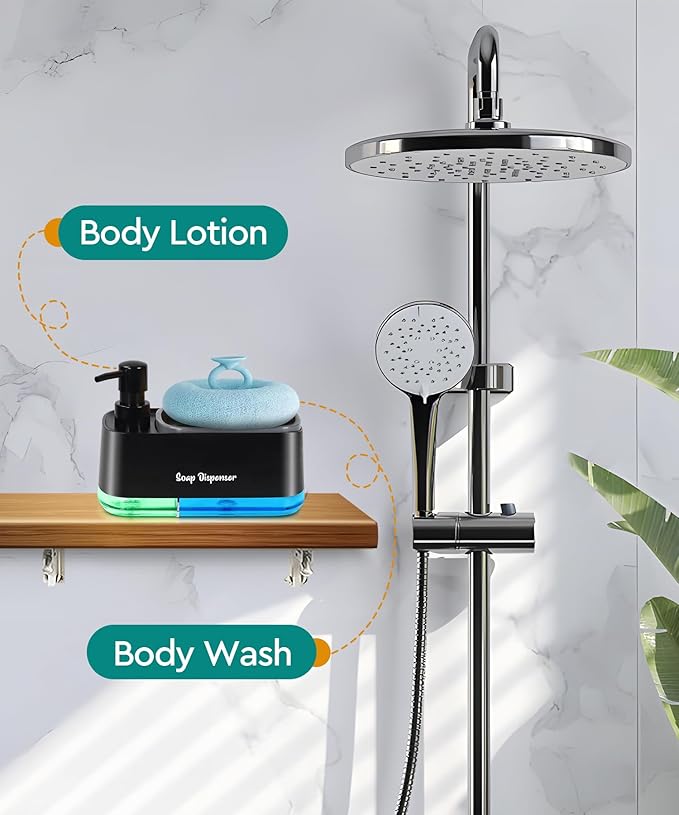 Kitchen Dish Soap Dispenser Set，Dish and Hand Soap Dispenser with Sponge Holder, 3-in-1 Countertop Sponge Dual Soap Pump Dispenser for Kitchen Sink - Black