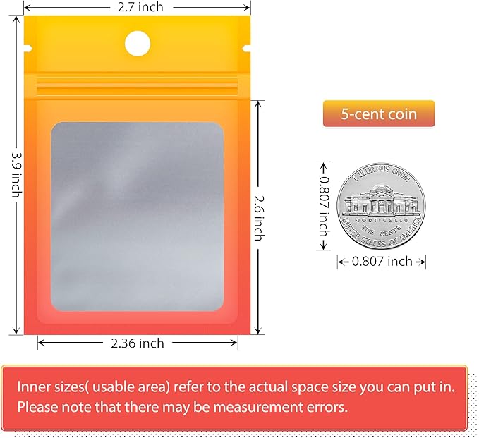 Funfery 100 Pieces Resealable Smell Proof Bags for Food Storage,Clear Cute Mylar Bags for Small Business Foil Zipper Packaging Bag for Sample Jewelry Eyelash Gloss(Yellow Orange,2.7×3.9in)