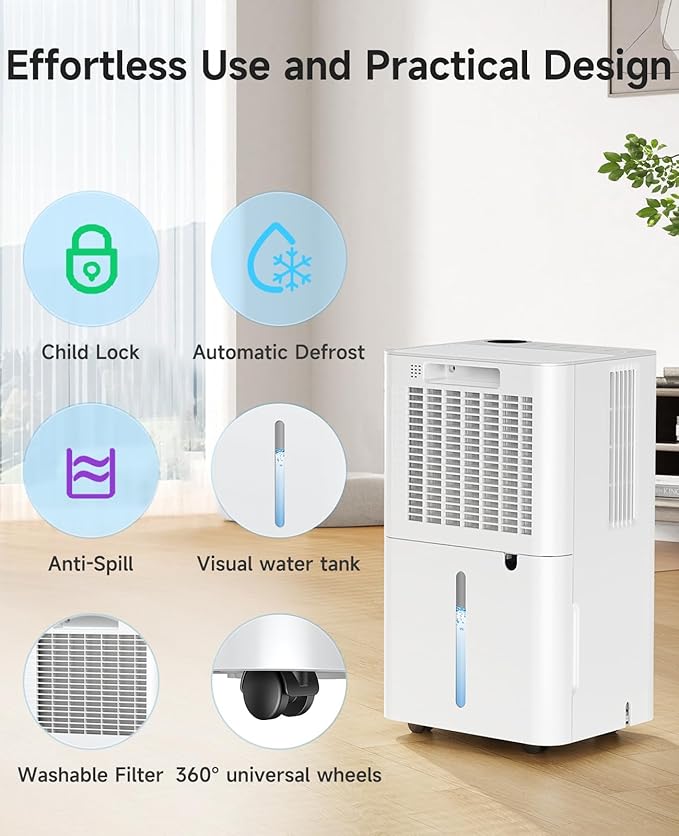 2500 Sq.Ft Dehumidifier for Basement with Drain Hose Max 34 Pints, Dehumidifiers for Home Large Room Bathroom Bedroom, 3 Modes, Smart Humidity Control, Auto Defrost, 24H Timer, Sleep Mode