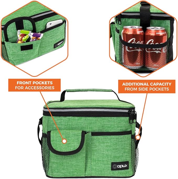 opux Insulated Lunch Bag for Men Women, Leakproof Heather Green Lunch Box for Work, Portable Soft Lunch Cooler Bag with Shoulder Strap, Adult Lunchbox Lunch Pail for Kid Boy Girl School, 14 Can/8L