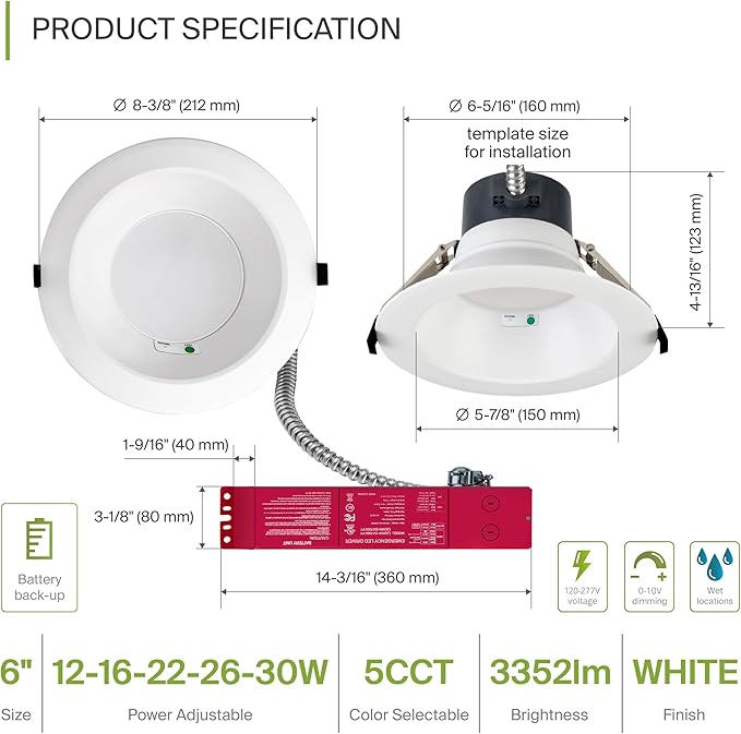 ASD Commercial LED Downlight 6 Inch with Emergency Battery Backup 15W, Power Adjustable Downlights 12/16/22/26/30W, Canless Recessed Lighting 120-277V, 5 CCT 2700K-5000K, Dimmable, IC Rated, White ETL