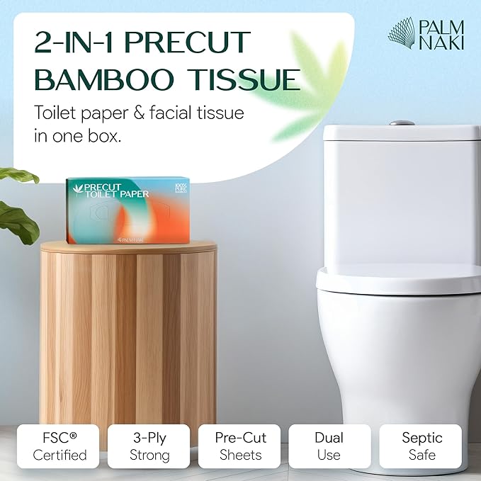 Pre-Cut Bamboo Toilet Paper – 3-Ply, Tissue Boxes – Gentle & Sustainable | No Fragrance, No BPA, No PFAS – Lint-Free | Septic Safe, Dissolves Fast | 12 Boxes (125 Sheets/Box) | PALM NAKI