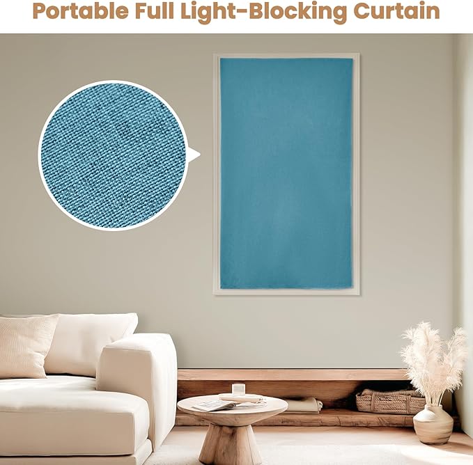 100% Blackout Curtain,Adhesive Curtain,Black Out Window Cover No Drilling Travel Kit,Perfect for Media Rooms, Dormitories and Renters (Stone Blue - W35 × L60 in)