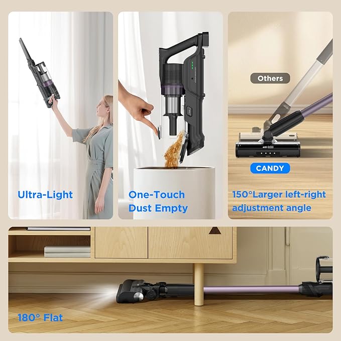Candy Cordless Vacuum Cleaner,45Mins Vacuum Cleaners for Home,Stick Vacuum,Strong Suction,Removeable Battery,Anti-Tangle,One Click Clean,Lightweight Handheld for Hardwood Floor Carpet Pet Hair Car