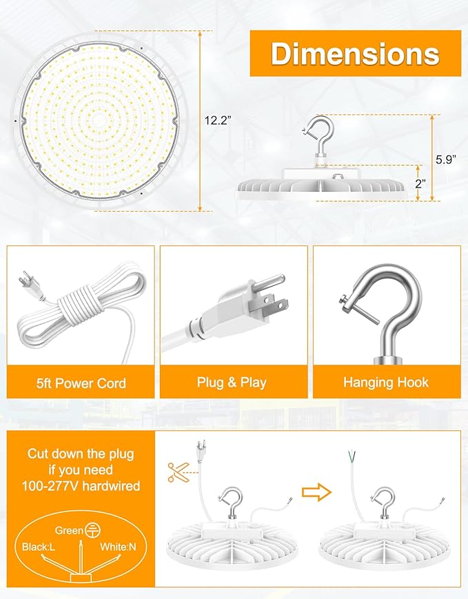 High Bay LED Lights UL DLC Listed Adjustable 150W/120W/90W 4500K/5000K/5700K Dimmable UFO LED Shop Light for Gym Factory Warehouse