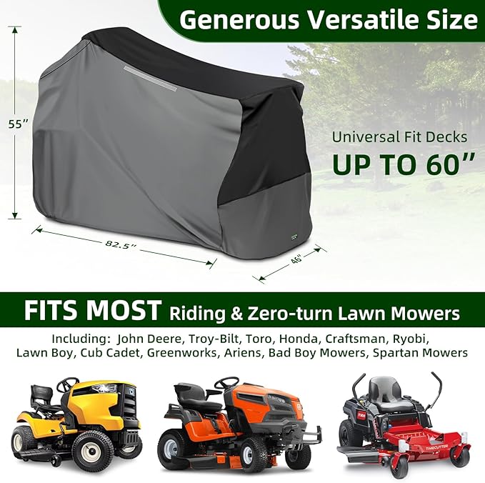 Premium Riding Lawn Mower Cover, Elechomes Heavy Duty 600D Polyester Oxford UV Protection Waterproof Windproof Universal Fits Decks Up to 60" Lawn Mower Dust Covers with Storage Bag 82.5x46x55 Inch