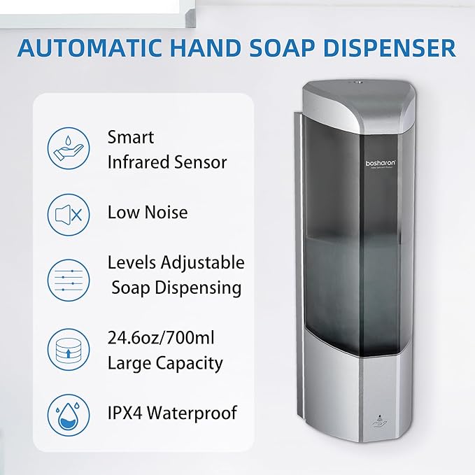 Automatic Soap Dispenser, Wall Mounted Liquid Soap Dispenser 24.6oz/700ml with Infrared Sensor, Touchless Battery Operated Hand Soap Dispenser with 3 Adjustable Soap Levels for Bathroom (Silver)
