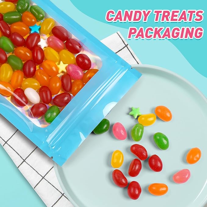 Funfery 300 Pack Smell Proof Resealable Bags for Food Storage,Holographic Bags 4x6 Blue Mylar Clear Packaging Bag- Scent Proof for Cookies, Zip Foil Pouch for Small Business