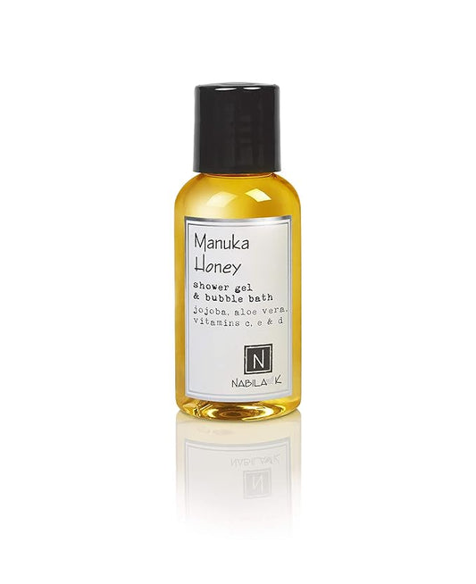 Nabila K Manuka Honey Shower Gel & Bubble Bath, 2.4 oz – Non-Drying Body Wash with Jojoba, Aloe Vera & Vitamins – Naturally-Derived, Sulfate-Free – Made in USA – For Men & Women