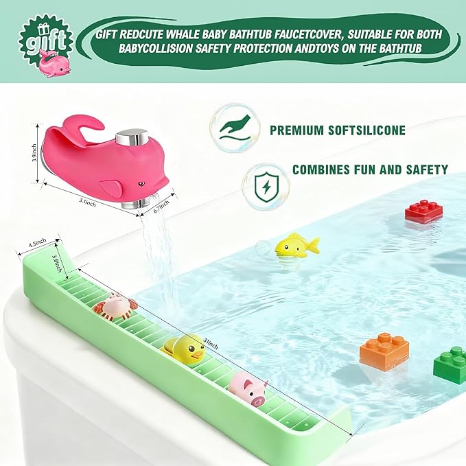31-Ft Tub Kids Toy Tray Silicone Bathtub Splash Guard with 11 Suction Cups Holder,Soft Silicone Splash Guard for Easy Clean & Fold, Universal for Tub, Bathroom Sink, Kitchen Sink（Green）
