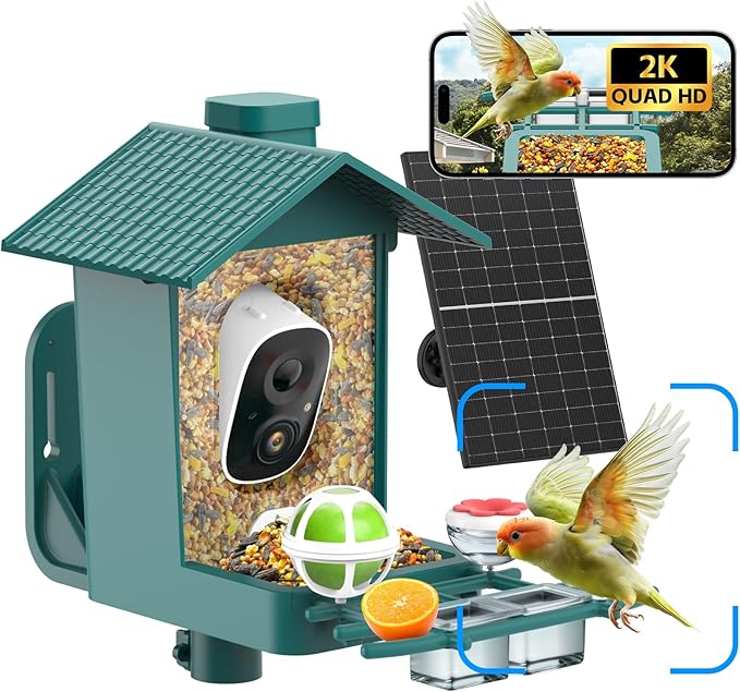 Smart Bird Feeder Camera Solar Powered, 2K Video Birdfeeder with Camera for Outdoor, 2.4Ghz WiFi AI Recognition Bird Cam, Instant Arrival Alert, IP65 Full Waterproof, Xmas Gifts for Birdlover Dad Mom